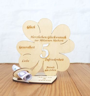 Geldgeschenk zum 5. Hochzeitstag mit Wunschtext Holz 11cm Kleeblatt Hölzerne