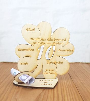 Geldgeschenk zum 10. Hochzeitstag mit Wunschtext Holz 11cm Kleeblatt Hölzerne