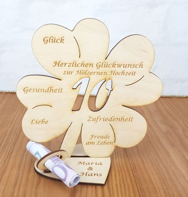 Geldgeschenk zum 10. Hochzeitstag mit Wunschtext Holz 16cm Kleeblatt Hölzerne