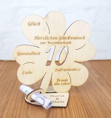 Geldgeschenk zum 10. Hochzeitstag mit Wunschtext Holz 16cm Kleeblatt Rosenhochzeit