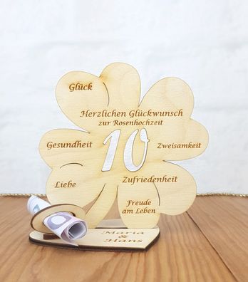 Geldgeschenk zum 10. Hochzeitstag mit Wunschtext Holz 11cm Kleeblatt Rosenhochzeit