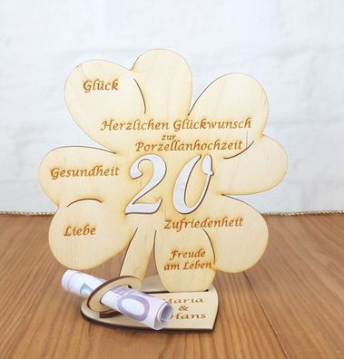 Geldgeschenk zum 20. Hochzeitstag mit Wunschtext 16cm Kleeblatt Porzellanhochzeit