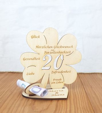 Geldgeschenk zum 20. Hochzeitstag mit Wunschtext 11cm Kleeblatt Porzellanhochzeit