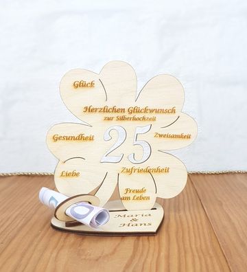 Geldgeschenk zum 25. Hochzeitstag mit Wunschtext 11cm Kleeblatt Silbernen Hochzeit