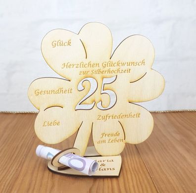Geldgeschenk zum 25. Hochzeitstag mit Wunschtext 16cm Kleeblatt Silbernen Hochzeit