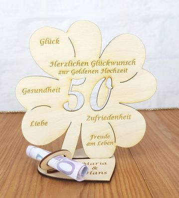 Geldgeschenk zum 50. Hochzeitstag mit Wunschtext 16cm Kleeblatt Goldene Hochzeit