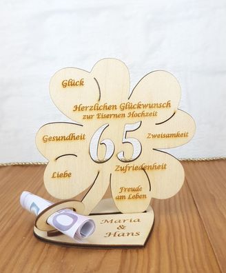 Geldgeschenk zum 65. Hochzeitstag mit Wunschtext 11cm Kleeblatt Eisernen Hochzeit