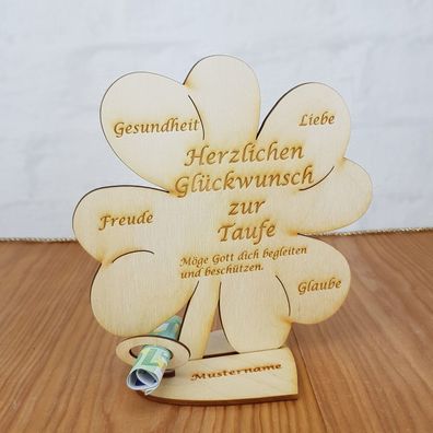Kleeblatt zur Taufe Geldgeschenk aus Holz 16cm Glückwünsche, Wunschgravur