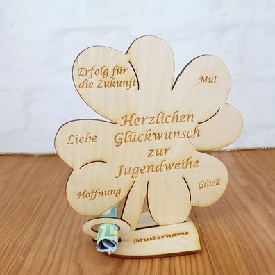 Kleeblatt zur Jugendweihe Geldgeschenk aus Holz 16cm Glückwünsche, Wunschgravur