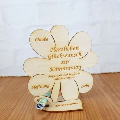 Kleeblatt zur Kommunion Geldgeschenk aus Holz 16cm Glückwünsche, Wunschgravur