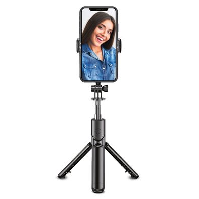 XQISIT Mini Stativ + Selfie-Stick mit Bluetooth Fernbedienung Teleskop Stange