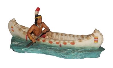 Deko Indianerfigur Indianer Hiawatha im Kanu sitzend L 23,5 cm "He who makes Rivers"