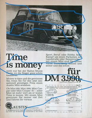 Originale alte Reklame Werbung Austin Mini Cooper 850 1000 v. 1968