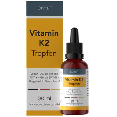 Vitamin K2 MK7 (Menaquinon) Tropfen 20ml, 200 µg, Pipettenflasche von EXVital