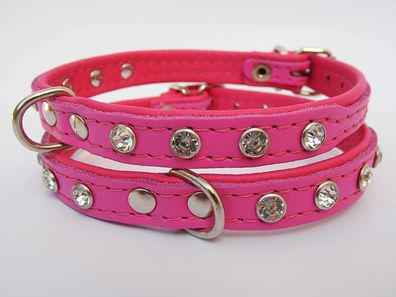 Hundehalsband - Halsband, Halsumfang 21-26, cm, Leder + Kristallen ROSA