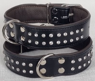 Halsband Hundehalsband, Halsumfang 47-60cm/45mm, LEDER Kristallen Schwarz/ Braun