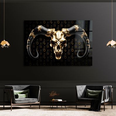 Wandbild Luxus Gold Kuhschädel Tier , LV MARKE Leinwand , ACRYL , POSTER KUNST