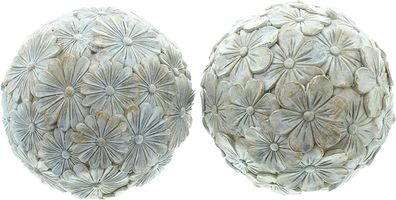 Deko-Kugel "Blumen", 2er Set Ø 10 cm, grau mit Patina, Gartenkugel wetterfest