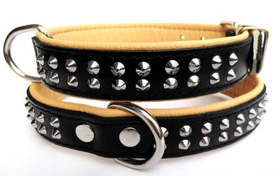 Halsband - Hundehalsband, NIETEN, Halsumfang 42-50cm, Echt LEDER - Schwarz-Natur