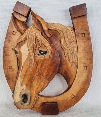 Holzbild Pferdekopf im Hufeisen Wandrelief Schnitzerei Handarbeit Massivholz (2)