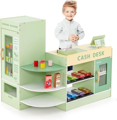 Kinder Kaufladen, Kaufmannsladen aus Holz mit Seitentheke, Supermarkt-Set mit Kasse
