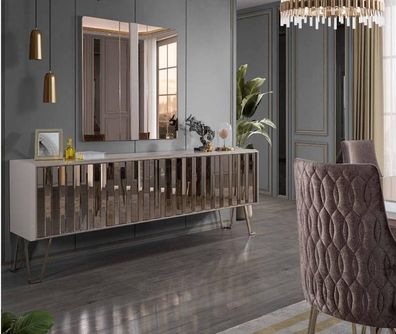 Luxus Sideboard mit Spiegel stilvoll Beige Kommode Modern Möbel Design Set Neu