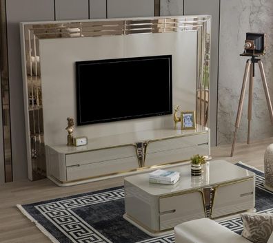 TV Ständer RTV Lowboard Sideboard Wohnzimmer Gold Beige Luxus Holz Neu