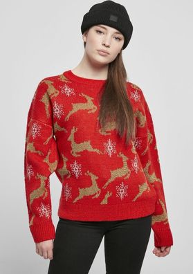 Urban Classics Damen Sweatshirt Ladies Oversized Christmas Sweater Red/ Gold