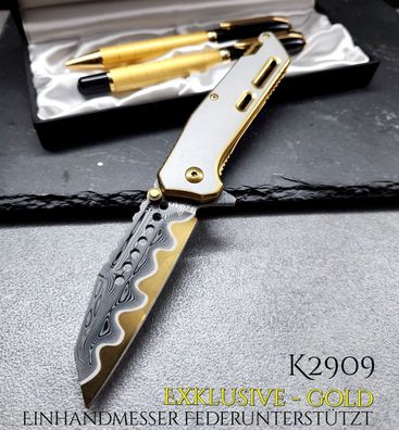 Taschenmesser K2909 Klapp Messer Gold / Grau Damast Optik Federunterstützt 19,7cm