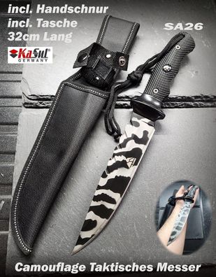 KaSul®| SA26 Black Camouflage Taktisches Messer 32cm + Handseil + Tasche Scharf