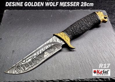 KaSul®| Golden Wolf Griff Bowie Messer Buschmesser 28 cm R17 + Tasche Motiv Klinge