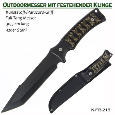 Outdoormesser feststehender Full-Tang-Messer 30,3cm Gürtelmesser Paracord-Griff