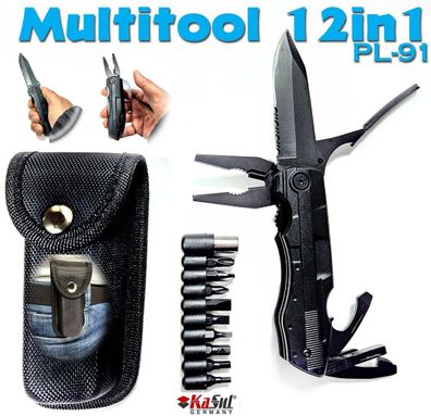KaSul®| Multitool 12in1 Messer Edelstahl Zange Taschenmesser Werkzeug Bits Köche