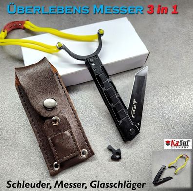 KaSul®| 3in1 Funktionen Messer, Schleuder, Glasbrecher Gürtel Clip BioLeder Etui