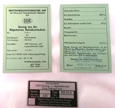 Simson Schwalbe KR51/2 Datenblatt Betriebserlaubnis ABE und Typenschild