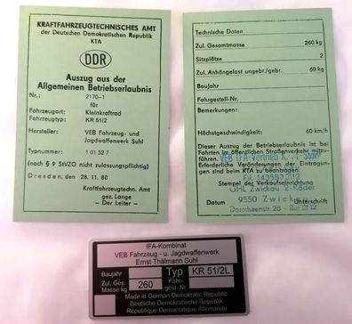 Simson Schwalbe KR51/2 L Datenblatt Betriebserlaubnis ABE und Typenschild