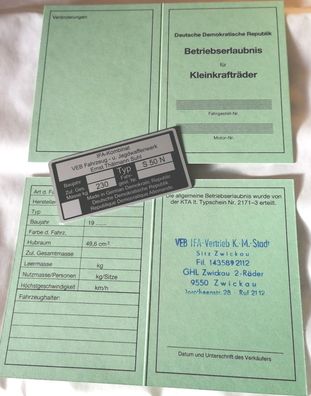 Simson S50 N Datenblatt Betriebserlaubnis ABE und Typenschild