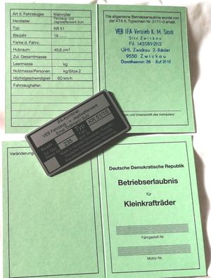 Simson Schwalbe KR51/1S Datenblatt Betriebserlaubnis ABE und Typenschild