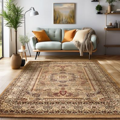 Design Orient Teppich Bordüre Traditionelles Muster Farbe Beige Wohnteppich