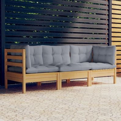 vidaXL 3-Sitzer-Gartensofa mit Grauen Kissen Massivholz Kiefer