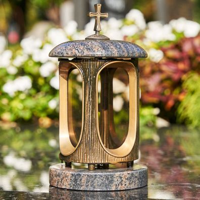 GrabLampe mit Kreuz Granit Gneis FriedhofLeuchte GrabLicht hochwertig Glas