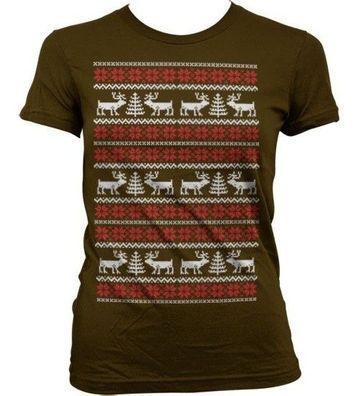 Hybris Christmas Knit Pattern White/ Red Girly T-Shirt Damen Brown