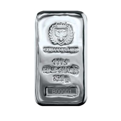 Silberbarren Germania Mint 250 Gramm 999.9 Silber gegossener Barren