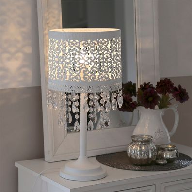 Tischlampe Marrakech weiß aus Metall mit orientalischem Muster und Kristallen