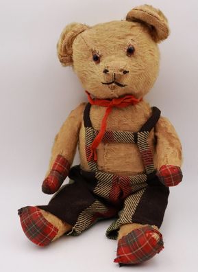 Antik Strohstofftier Teddybär sehr alt 45 cm mit Flicken sucht Klinik #W