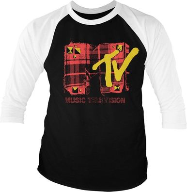 Plaid MTV Baseball 3/4 Sleeve Tee T-Shirt White-Black