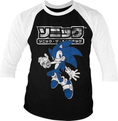 Sonic The Hedgehog Japanese Logo Baseball 3/4 Sleeve Tee T-Shirt White-Black