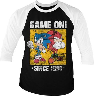 Sonic The Hedgehog Sonic Game On Since 1991 Baseball 3/4 Sleeve Tee T-Shirt White-...