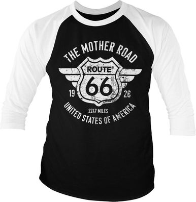 Route 66 The Mother Road Baseball 3/4 Sleeve Tee T-Shirt White-Black