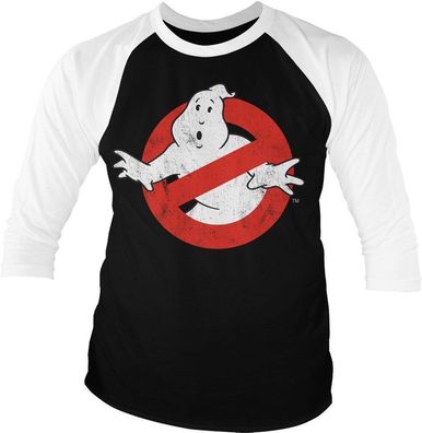 Ghostbusters Distressed Logo Baseball 3/4 Sleeve Tee T-Shirt White-Black